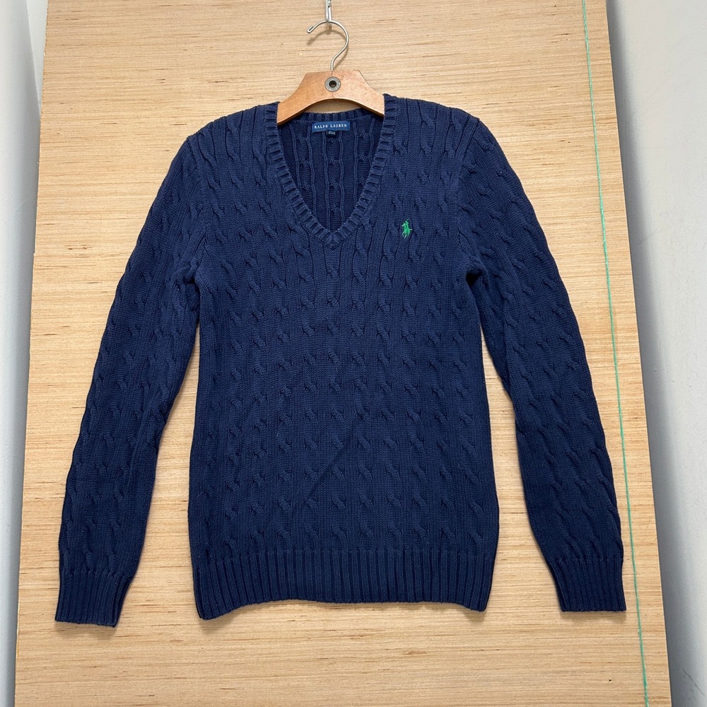 Ralph Lauren Navy Blue Cable Knit V-Neck Sweater Green Pony Logo Large